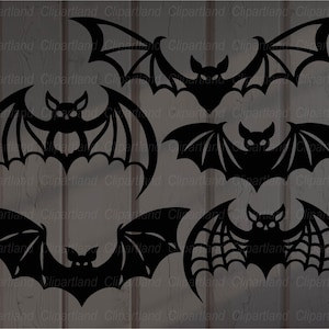 K&ouml;nnte beinhalten: Eine Sammlung schwarzer Fledermaus-Silhouetten in verschiedenen Posen. Die Flederm&auml;use haben detaillierte Fl&uuml;geldesigns und eignen sich f&uuml;r Halloween- oder Gothic-Themen-Bastelarbeiten und Dekorationen. Das Bild ist vor einem neutralen Hintergrund.