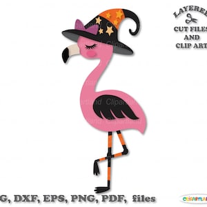 Directe download. Leuke Halloween flamingo gesneden bestanden en illustraties. Commerciële licentie is inbegrepen! F_13.