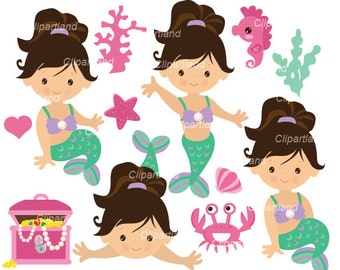Mermaid Clip Art Set, Cute PNG Graphics (Instant Download)