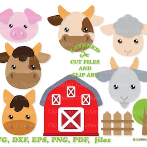 May include: A set of layered cut files and clip art featuring farm animals, a red barn, a fence, and a tree. The animals include a pig, a cow, a sheep, a goat, and a horse. The files are available in SVG, DXF, EPS, PNG, and PDF formats.