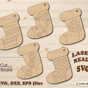 Descarga INMEDIATA. Kit de pintura SVG. Adorno de madera contrachapada con forma de media navideña vintage, paquete para pintar. Archivo de corte SVG para láser. S_7.