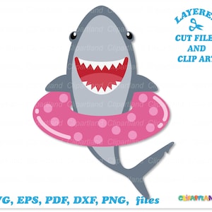 Descarga instantánea. Tiburón sonriente en la piscina. Archivo de corte y clip art. Uso personal y comercial. S_15.