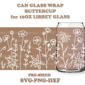 Download instantâneo. Flores de botão de ouro Libbey pode modelo de embrulho de vidro svg, png, dxf. Pré-dimensionado para vidro Libbey 16 onças. Bw_1.
