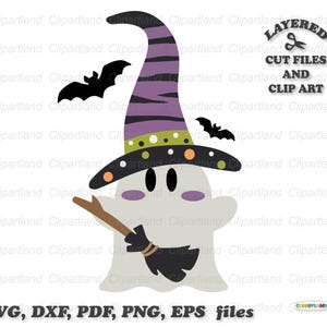 May include: A light grey ghost illustration wearing a purple and black striped witch hat with green and orange polka dots, holding a brown broomstick, accompanied by two black bats, with text reading LAYERED CUT FILES AND CLIP ART and SVG, DXF, PDF, PNG, EPS files.