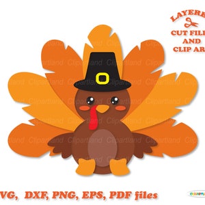 May include: A cartoon turkey wearing a pilgrim hat with a yellow buckle. The turkey has brown feathers and a red wattle. The turkey is standing on a white background. The text "LAYERED CUT FILES AND CLIP ART" is in the top right corner of the image. The text "SVG, DXF, PNG, EPS, PDF files" is at the bottom of the image.