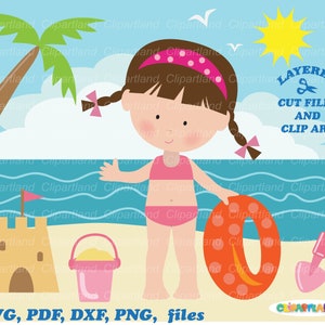 DIRECT downloaden. Leuk meisje op het strand bundel knipbestand en illustraties. Persoonlijk en commercieel gebruik. B_6.