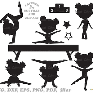 May include: Black and white silhouette clip art set of gymnasts performing on a balance beam. The set includes a gymnast doing a handstand, a gymnast doing a back handspring, a gymnast doing a cartwheel, a gymnast doing a standing pose, and a gymnast doing a split. The set also includes a balance beam, a podium with numbers 1, 2, and 3, and two stars.