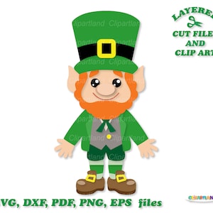May include: A cartoon illustration of a leprechaun wearing a green hat, green shirt, and brown shoes. He has a red beard and a friendly smile. The image is labelled "Layered Cut Files and Clip Art" and "SVG, DXF, PDF, PNG, EPS files".