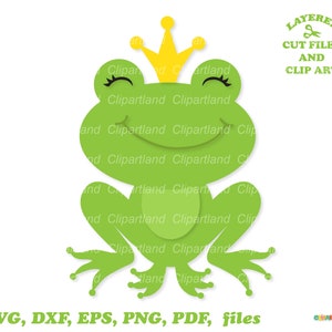 May include: Green frog wearing a yellow crown. The frog is sitting with its legs crossed and has a happy expression. The image is a layered cut file for crafting.