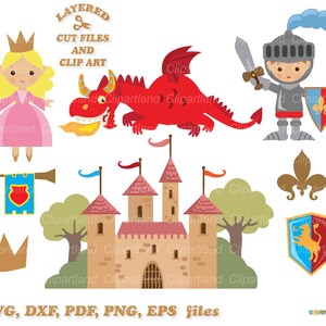 DIRECT downloaden. Schattige middeleeuwse prinses, prins en draken bundel knipbestand en illustraties. Persoonlijk en commercieel gebruik. K_21.