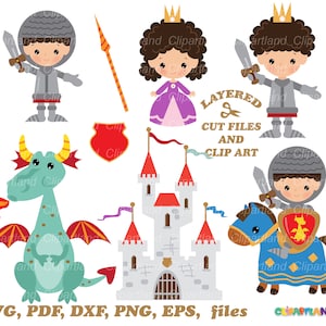 INSTANT Download. Cute medieval knight, princess and dragon cut files and clip art. Commercial license is included! K_9.