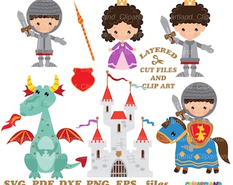 Pode incluir: Um conjunto de imagens de clip art digitais que representam uma princesa, dois cavaleiros, um dragão, um castelo e um cavaleiro montando um cavalo. As imagens são de estilo de desenho animado e são perfeitas para criar convites, cartões e outras manualidades.