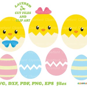 Descarga INSTANTÁNEA. Lindos pollitos y huevos de Pascua en formato SVG y clip art. Uso personal y comercial. C_38.