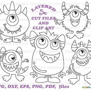 INSTANT Download. Cute monsters svg cut files and clip art. M_46_bw.