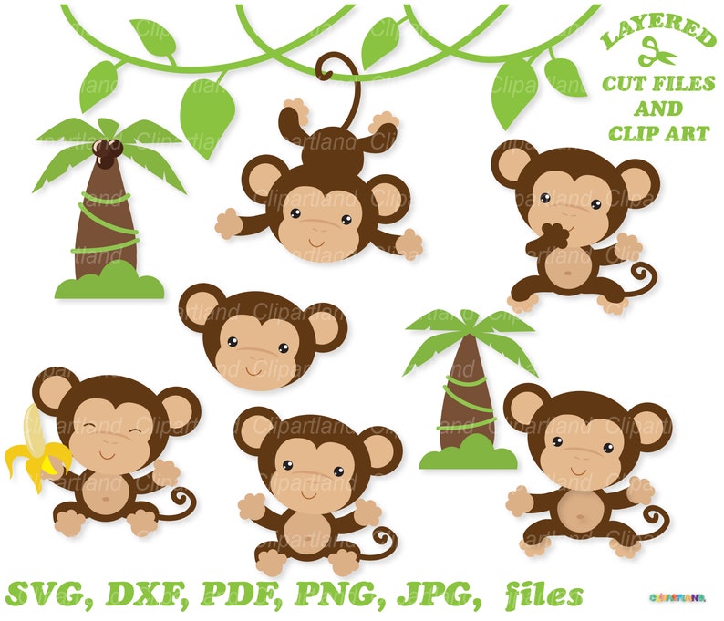 May include: A set of layered cut files and clip art featuring brown monkeys with green vines and palm trees. The text "LAYERED CUT FILES AND CLIP ART" is at the top of the image. The text "SVG, DXF, PDF, PNG, JPG, files" is at the bottom of the image.