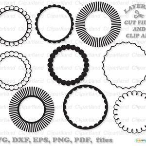 May include: Set of ten black and white circular frames with different designs. The frames are layered and can be used for crafting, scrapbooking, or digital design.