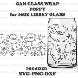 Download instantâneo. Modelo de embalagem de vidro Poppy svg, png, dxf. Pré-dimensionado para vidro Libbey 16 onças. Pw_1.