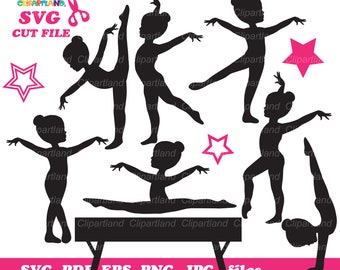 May include: Silhouettes of six gymnasts in various poses, including a handstand, a split, and a standing pose. The gymnasts are all wearing leotards and are set against a white background. There is a black balance beam in the foreground.