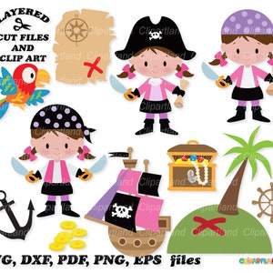 Descarga instantánea. Linda niña pirata establece archivos de corte svg y imágenes prediseñadas. Uso personal y comercial. P_7.