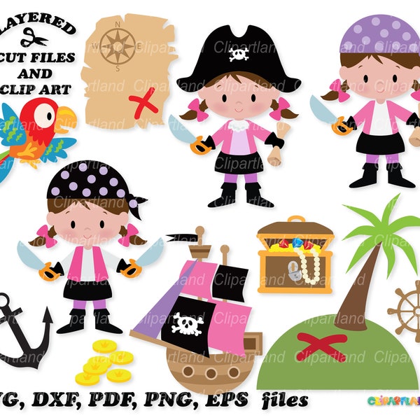 INSTANT Download. Cute little pirate girl set svg cut files and clip art. Personal and commercial use. P_7.