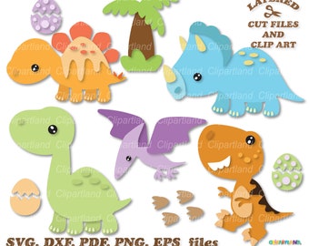 May include: A collection of colorful dinosaur clip art in various poses, including a Stegosaurus, Triceratops, and T-Rex. The image also features a palm tree, eggs, and footprints. Text includes "LAYERED CUT FILES AND CLIP ART" and file type options.