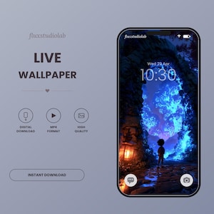 May include: A smartphone displaying a live wallpaper of a small figure standing before a glowing blue forest archway. Text on the screen reads fluxstudiolab, LIVE WALLPAPER, DIGITAL DOWNLOAD, MP4 FORMAT, HIGH QUALITY, INSTANT DOWNLOAD, and 10:30.