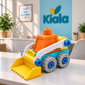Könnte beinhalten: Ein buntes Kunststoff-Baufahrzeug-Spielzeug mit einer leuchtend gelben Frontladerschaufel, einem türkisfarbenen Fahrgestell, einer orangefarbenen Kabine und weißen Stützarmen. Das Spielzeug hat vier graue Räder mit blauen Kreuzschlitzschrauben.