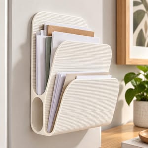Könnte beinhalten: Ein wandmontierter, cremeweißer Postorganizer aus Kunststoff mit einem gestuften Design und drei separaten Fächern für Briefe und Unterlagen. Die Oberfläche weist eine horizontale Rillenstruktur auf und an der Seite befindet sich ein ovaler Ausschnitt.