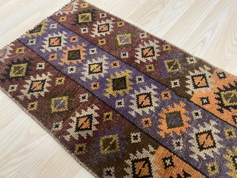 Vintage Turkish Wool Rug, 1x2 Brown Tribal Geometric Design, Handmade ...