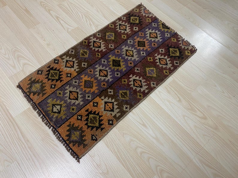 Vintage Turkish Wool Rug, 1x2 Brown Tribal Geometric Design, Handmade ...