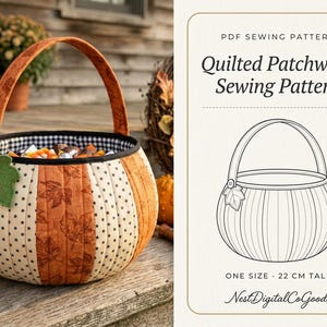 Modello PDF per cucire un cestino a forma di zucca trapuntato e patchwork, sacchetto per dolcetti, secchiello per caramelle, cestino per dolcetti di Halloween, cestino autunnale stampabile.