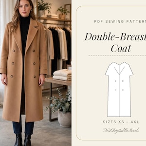 Può includere: Un cartamodello PDF per un cappotto doppiopetto, con un disegno al tratto del capo, il testo "PDF SEWING PATTERN Double-Breasted Coat" e "SIZES XS - 4XL" di NestDigitalCoGoods su uno sfondo beige chiaro.