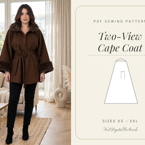 Cape Coat Sewing Pattern | Women Coat Sewing Pattern | Batwing Poncho Coat with Faux Fur Trim | XS-5XL Sizes | A4 A0 Letter Instant Download