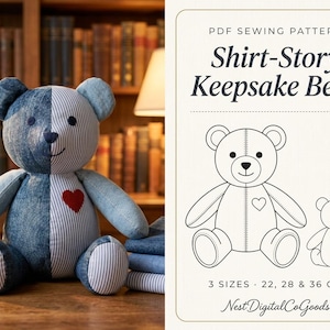Patrón de costura PDF para oso de recuerdo, oso conmemorativo, patrón de oso de recuerdo, osito de peluche patchwork, patrón de costura de peluche, 3 tamaños, A4 y carta estadounidense