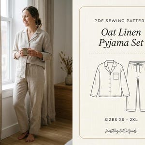 May include: A PDF sewing pattern for an oat linen pajama set, featuring a long-sleeve button-down shirt with a collar and a chest pocket, paired with drawstring pants. The technical illustration displays the garment design for sizes XS to 2XL.