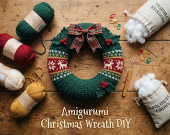 May include: A crocheted Christmas wreath featuring a red and white reindeer pattern, topped with a plaid bow and holly berries. Surrounded by four yarn skeins in green, red, cream, and gold, two bags of polyester fibre-fill, a crochet hook, and stitch markers.
