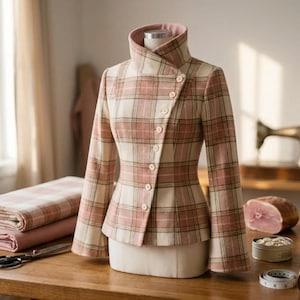 Op de afbeelding: Een getailleerd jasje met een ruitpatroon in roze, crème en bruin, voorzien van een hoge, gestructureerde kraag en een asymmetrische knoopsluiting aan de voorzijde. Het kledingstuk wordt gepresenteerd op een paspop met lange mouwen.