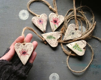 Set of 10 Rustic Heart ornaments with Anemones