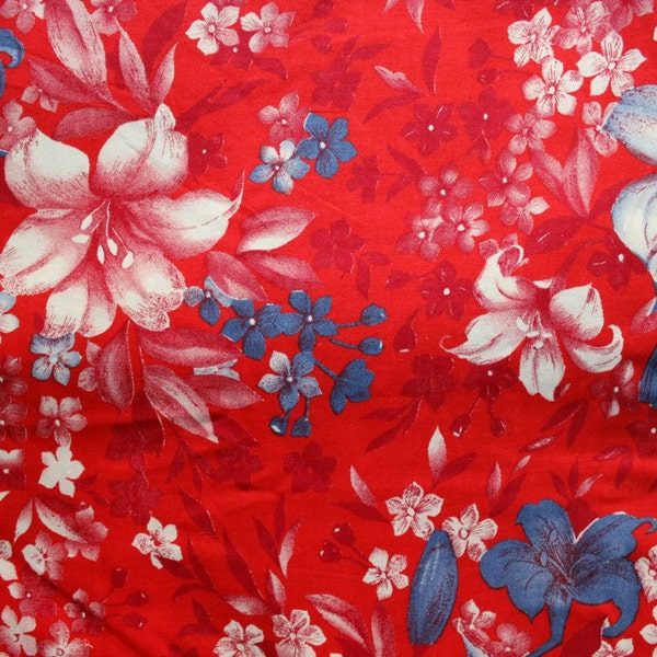 Vintage cotton fabric by the yard Soviet red white blue floral