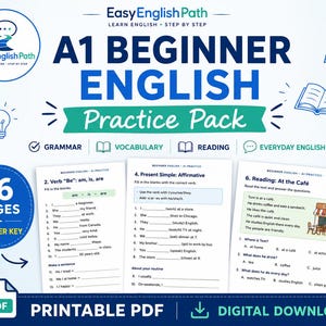 Könnte beinhalten: Ein druckbares PDF-Übungspaket mit dem Titel Easy English Path A1 Beginner English. Das Dokument enthält 16 Seiten plus einen Lösungsschlüssel mit Übungen zu Grammatik, Wortschatz, Lesen und Alltagssprache mit Lückentext-Aufgaben.