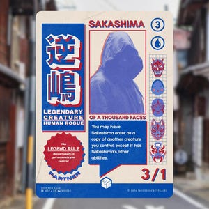 May include: A rectangular trading card featuring a blue and red color scheme with the text Sakashima of a Thousand Faces. The card displays a hooded figure, Japanese kanji, and a vertical column of five distinct mask illustrations on the right side.