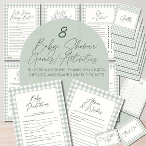 May include: A collection of printable baby shower game cards and activity sheets featuring a sage green and white gingham border. The set includes titles such as Who Knows Mommy Best, Baby Predictions, Advice and Wishes, and Diaper Raffle Tickets.