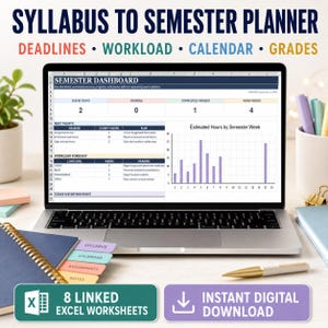 Op de afbeelding: Een laptopscherm met een Semester Dashboard Excel-spreadsheet met tabellen voor deadlines, werkdruk en een staafdiagram voor geschatte uren. De tekst luidt Syllabus to Semester Planner, Deadlines, Workload, Calendar, Grades en 8 Linked Excel Worksheets.
