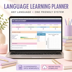 Language Learning Planner Excel Template, Vocabulary Tracker, Study Log and Review Queue