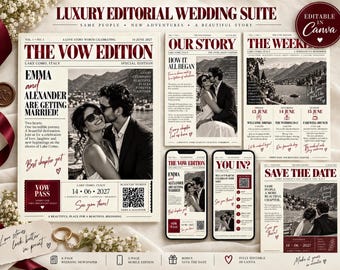 Luxury Editorial Wedding Newspaper Suite, Canva Editable Invitation (Digital Download)
