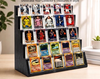 May include: A black, four-tiered wooden display stand holding multiple sports and trading cards in protective plastic cases. The top of the stand features the text PREMIUM TIERED CARD DISPLAY and Sial Decor. The stand has a wood grain texture.