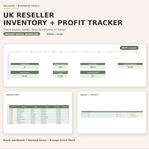 May include: A digital UK reseller inventory and profit tracker spreadsheet for Excel. The interface features dark green headers with white text, displaying data fields for completed sales, net buyer receipts, sales profit, and overhead costs.