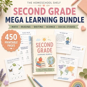 Può includere: Un set educativo Second Grade Mega Learning Bundle che include un quaderno a spirale, 450 pagine stampabili e schede di esercizi di matematica, lettura, scrittura, scienze e studi sociali, decorato con libri e un mappamondo.