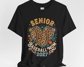Camiseta Senior Baseball Mom 2027, Camiseta Boho con Corazón de Leopardo, Regalo Colorido para Mamás de Béisbol