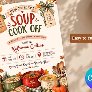 Peut inclure: Un dépliant d'invitation pour un concours de soupe avec des feuilles d'automne, une planche à découper en bois et trois casseroles marquées Good Soup, Good Company et Happy Hearts. Le texte indique les détails de l'événement et l'hôte Katherine Collins.